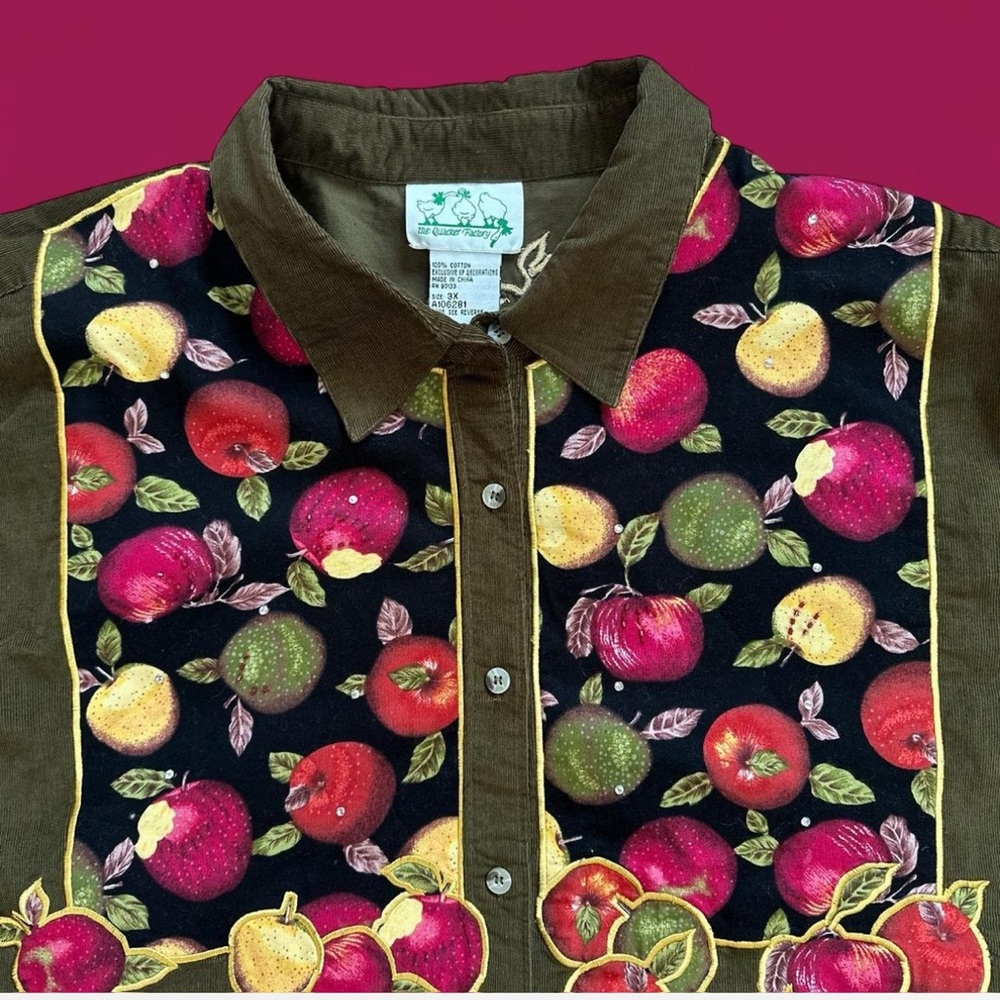 Fruit Apple Pattern Vintage Button-Up Corduroy Sh… - image 3